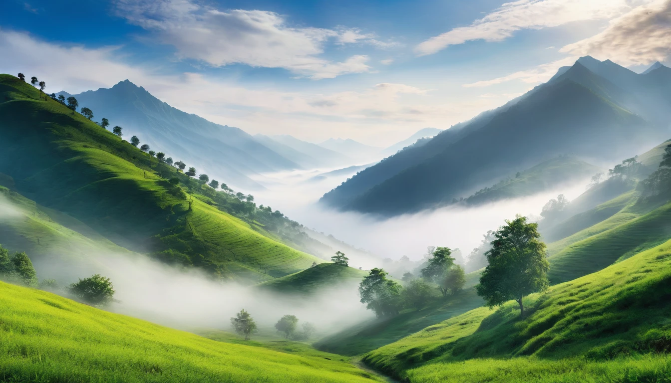 Lose yourself in a dreamy landscape of misty mountains and serene valleys, the ideal backdrop for a calming meditation experience.