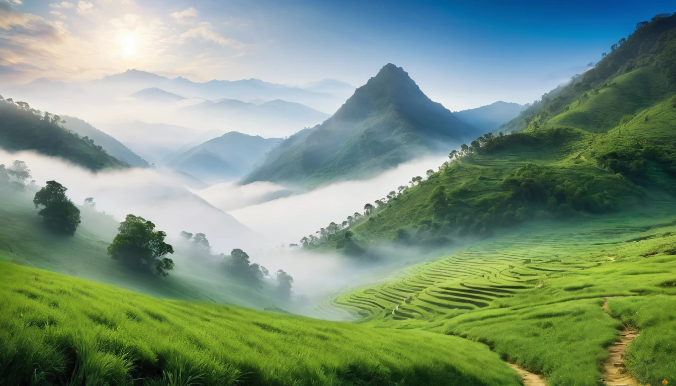 Lose yourself in a dreamy landscape of misty mountains and serene valleys, the ideal backdrop for a calming meditation experience.
