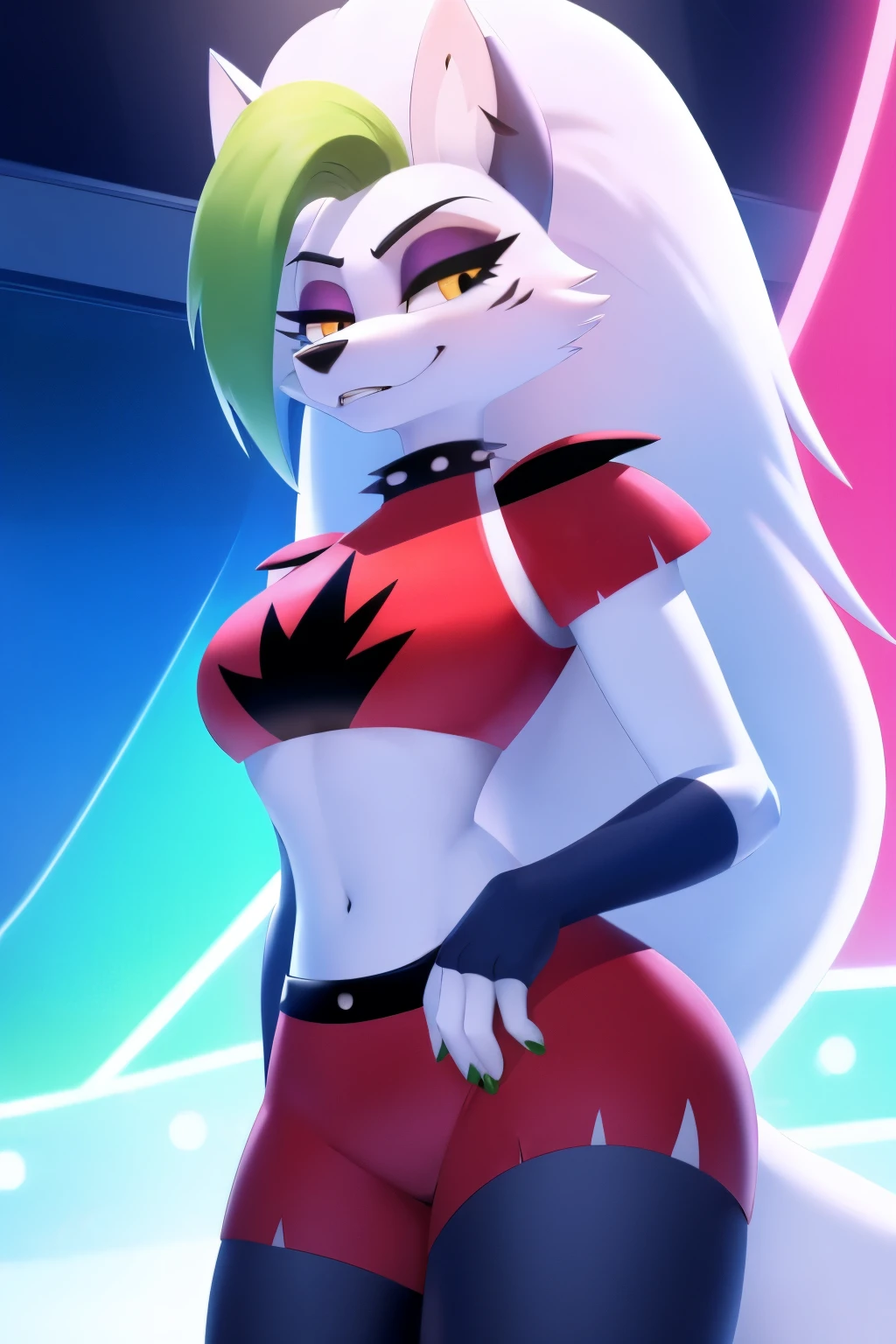 a highly detailed, photorealistic, 8k illustration of a furry female character with body fur, wearing sexy clothes, makeup, and perfect proportions, fused with the characters Roxanne, Loona, and Beelzebub, masterpiece, ultra-detailed, vivid colors, physically-based rendering, sharp focus, studio lighting, professional