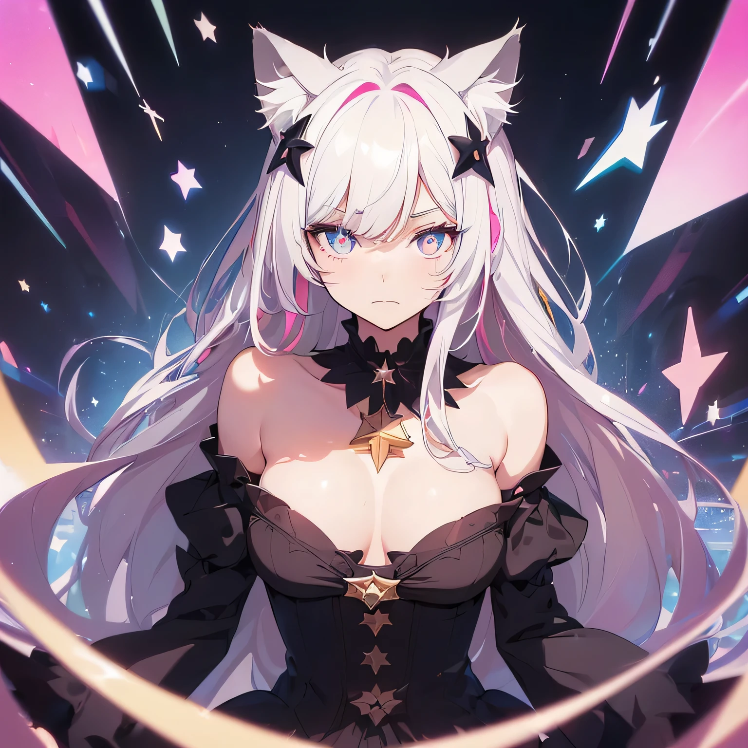 (masterpiece, best quality), ((1 Girl, (Mature female) Long hair), (Star-shaped pupil, +_+, Symbol-shaped pupil, Bright Eyes), (Cat ears, Open your mouth)), (Looking at the audience, A faint smile, Off-shoulder), (Abstract, Multicolored background, Abstract background, Chromatic Aberration),