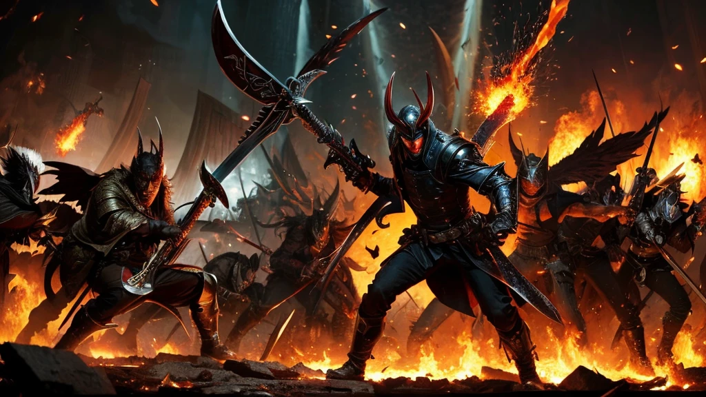 Lucifer, leading a host of rebellious angels, charging forward with fierce expressions and weapons drawn. The scene is chaotic and intense, with fiery explosions and clashing swords. The ambiance is one of war and upheaval, reflecting the gravity and violence of his rebellion against divine order.