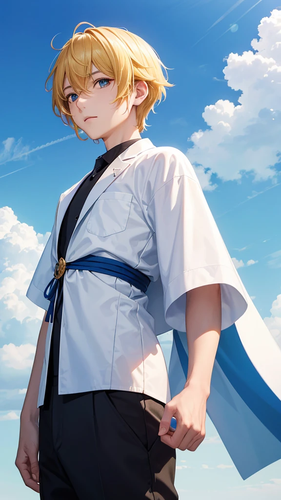 With a blue sky as a background、Mr.々Please draw a picture of a scene of an adventure.。In the center is、She has short black hair and green eyes、With Len, a boy dressed in casual adventure clothes、She has short blonde hair and blue eyes、Minato, a young man in a white robe、Standing on a white cloud。Behind Ren and Minato、彼らの冒険の軌跡を象徴するMr.々The scene is depicted。
The blue sky and white clouds envelop the whole、Try to exude an atmosphere of hope and adventure.。