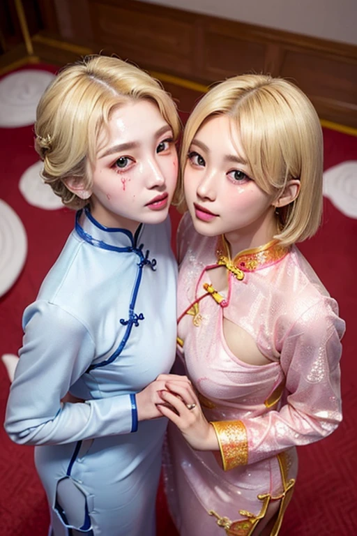 ((blank background)),(((Two girls in cheongsam))),(One is a 22-year-old Korean KPOP idol，blonde short hair.),(One is an 18-year-old Japanese long-haired gravure idol，plump figure.),(Face stained:1.3),Back hug,cheeks and cheeks,((They all look at the audience.)),small areola,open your mouth,Narrow your eyes,kiss,from above,(((Their eyes are full of provocation))),The two are lovers,Beautiful eyes reflect light,Hair reflects light and sparkles,photo shoot