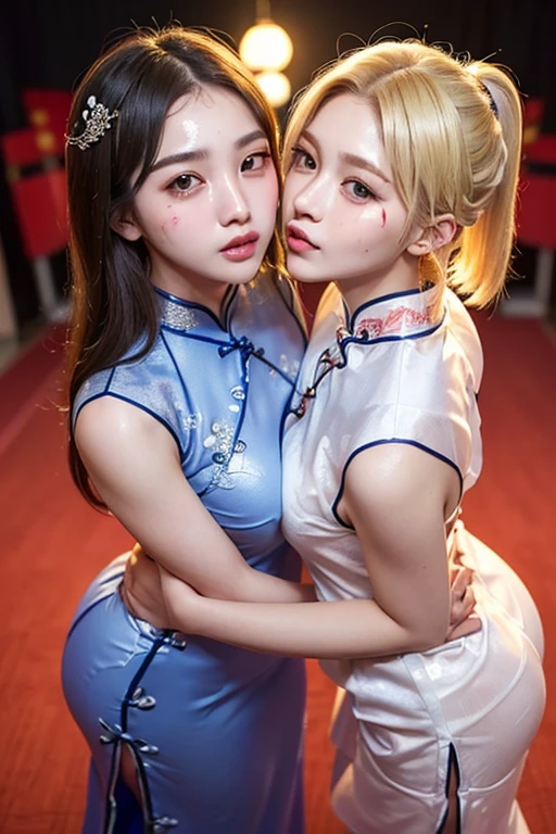 ((blank background)),(((Two girls in cheongsam))),(One is a 22-year-old Korean KPOP idol，blonde short hair.),(One is an 18-year-old Japanese long-haired gravure idol，plump figure.),(Face stained:1.3),Back hug,cheeks and cheeks,((They all look at the audience.)),small areola,open your mouth,Narrow your eyes,kiss,from above,(((Their eyes are full of provocation))),The two are lovers,Beautiful eyes reflect light,Hair reflects light and sparkles,photo shoot