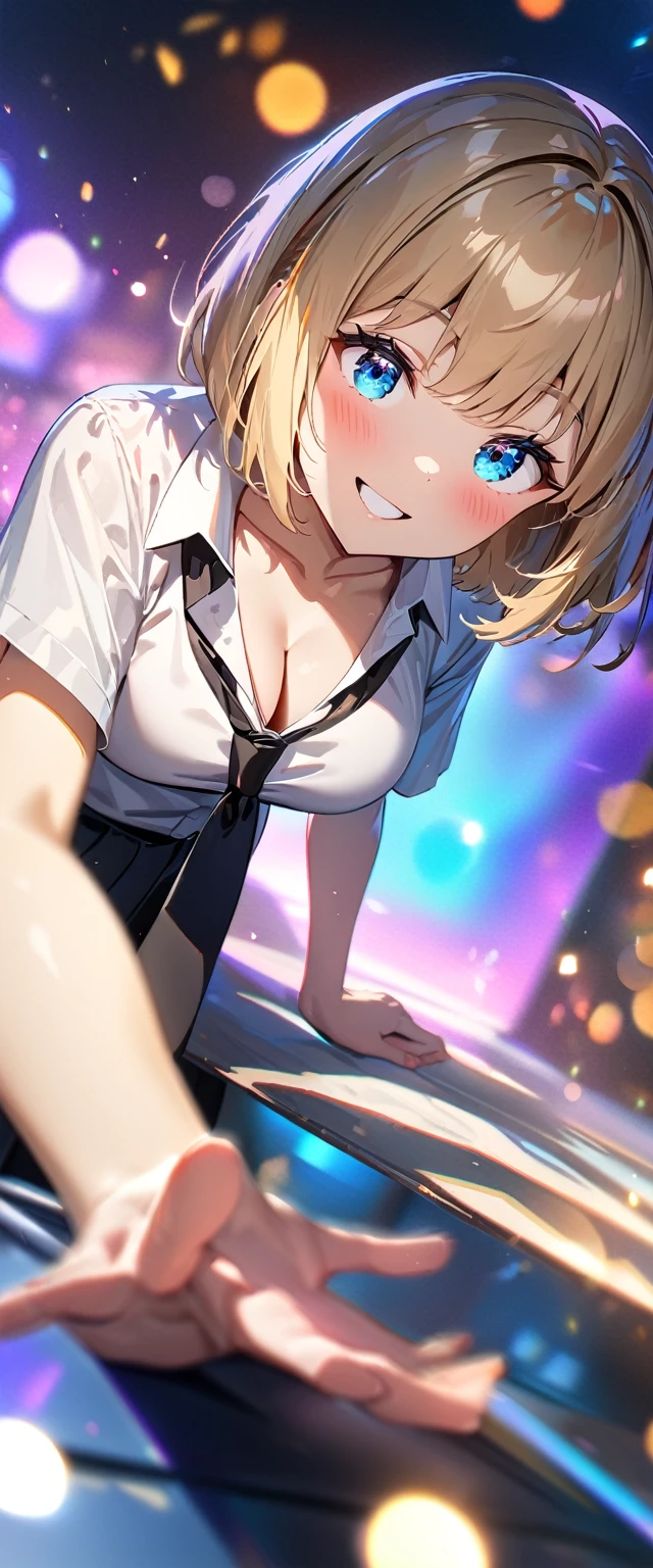 (((One girl))), blond hair, bob cut, (cowboy shot), (looking at viewer), face in focus, breasts, ager, head tilt:1.3, (((blue eye))), ((happy smile)), ((blush)), school summer uniform, white shirts, ((black tie)), black skirt, dynamic pose, ((cleavage)), anime style, (best quality, 4k, 8k, highres, masterpiece:1.2, ultra-detailed, ultra-detailed eyes, HDR, UHD, studio lighting, ultra-fine painting, sharp focus, physically-based rendering, extreme detail description, professional, vivid colors, bokeh)