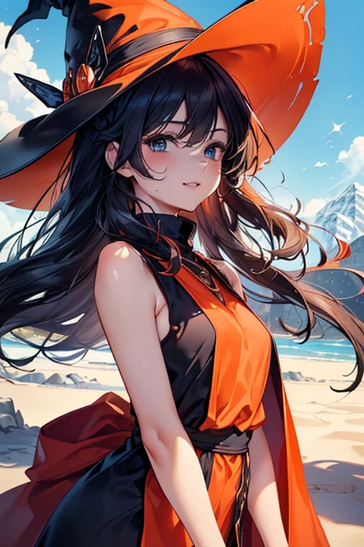 #Basics A girl is posing for a photo, animeのかわいい女の子, (((One Girl, , Young girs old))), 
Bhing Accessories 
(Without Outfit:1.3 + (red on black)Sleeveless high neck top + ((Orange on black)Robe) + ((Orange on red)Witch hat) + ((Magic wand))), 
BREAK 

#Features 
((Black Hair:1.4), Curly hair:1.4, (Long Hair : Long Hair + Hair blowing in the wind)),  
(Droopy eyes, blue eyes), (Small breasts),  
BREAK 

#background environment 
((noon, Fantasy World, Mountain:1.4, blue sky)), 
#Facial Expression Pose
((Wicked Smile), (Are standing)), 
#composition 
((Face the camera, Angle from the front, Cowboy Shot:1.4)), 
BREAK 

#Body parts elements 
(Detailed hair, Beautiful Hair, Shiny Hair), 
(double eyelid, Long eyelashes), 
(Expression of fine eyes, Beautiful and delicate eyes, Sparkling eyes, Eye Reflexes, Glitter Eyeliner), 
(Human Ear), 
(Beautiful Nose, Thin Nose), 
(Glossy lips, Beautiful Lips, Thick lips, Glossy Lips, Natural Cheeks), 
(Detailed face, Symmetrical facial features), 
(Detailed skin, Textured skin, Beautiful Skin, Shiny skin), 
BREAK 

#Quality 
(((Highest quality)), ((masterpiece)), ((Very detailed))), ((High resolution), (16K,1080P)), 
(Realistic), (Anatomically correct), 
((comics, anime)), (3DCG), CG illustration,
