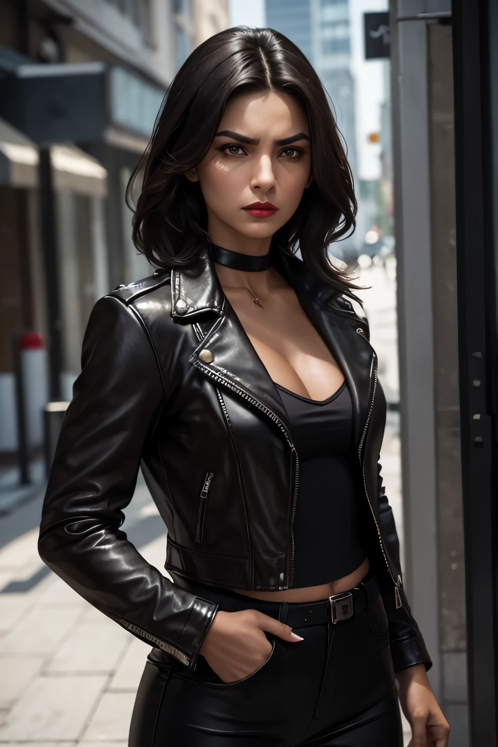 Masterpiece
A dark haired tan female cop, she’s wearing a leather jacket, she has a small scar on her eyebrow, she looks angry. She’s has a sharp face with red lip stick