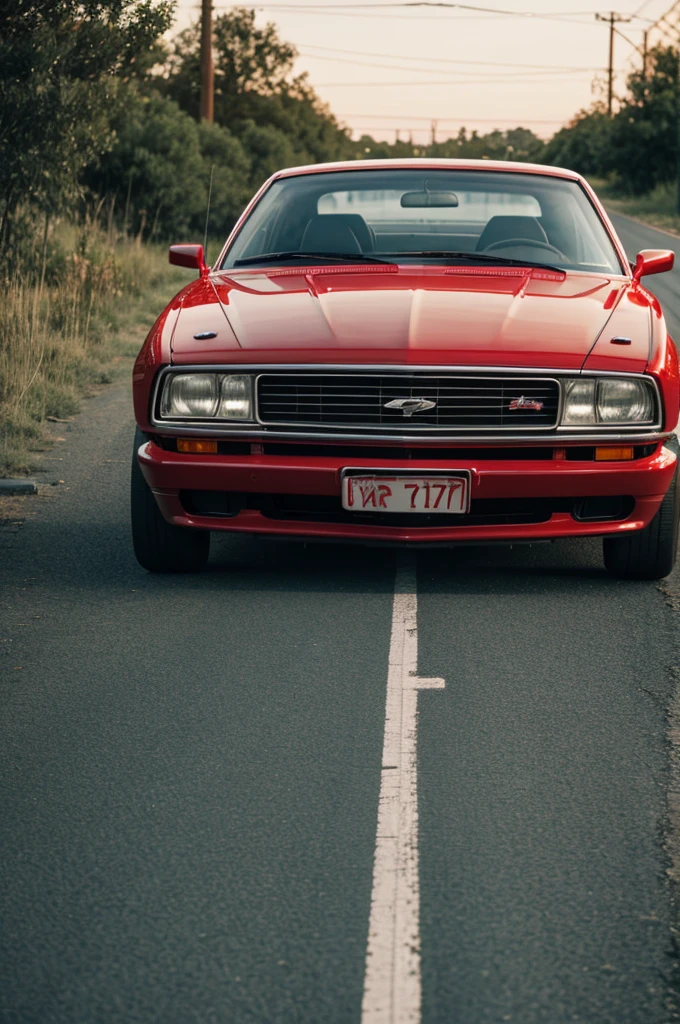 Big red car, glass. The bumper is massive, wires sticking out, hood open, smoke