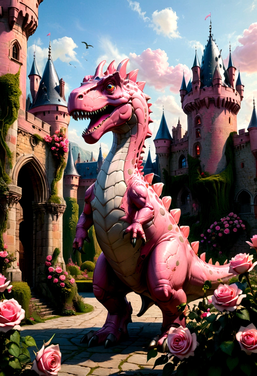 (Pink Dinosaur), the scene mainly depicts a majestic pink dinosaur standing in front of a medieval style castle, surrounded by pink roses. Its gaze is firm, the background is the castle, (Photography), award-winning, cinematic still, emotional, vignette, dynamic, vivid, (masterpiece, best quality, Professional, perfect composition, very aesthetic, absurdres, ultra-detailed, intricate details:1.3)