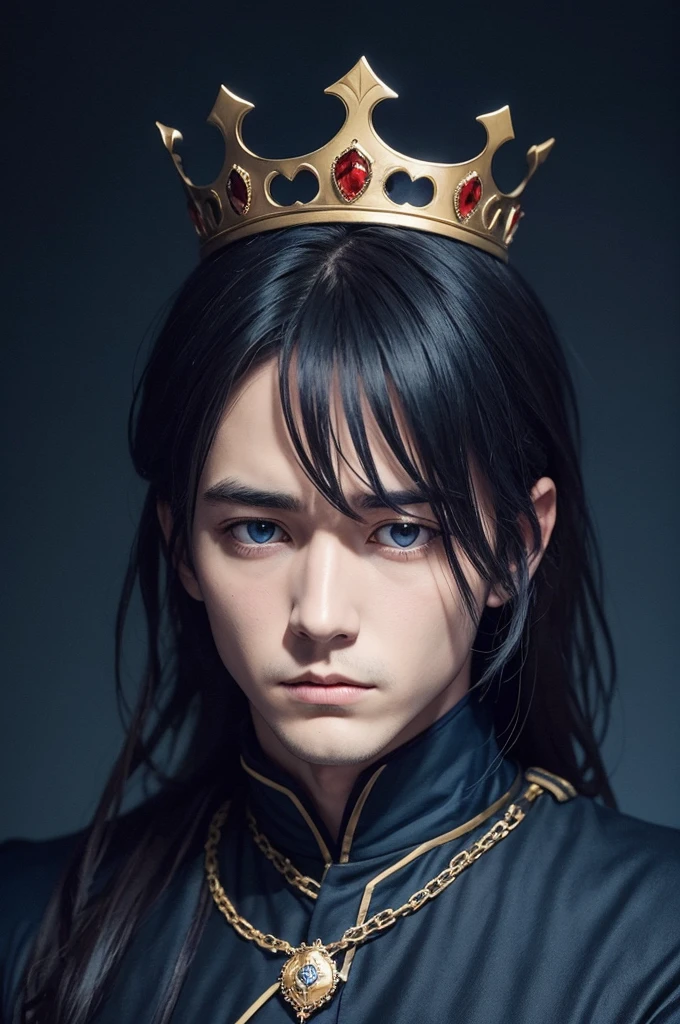 Make a picture of a totally depressed and lonely king , as if he no longer had the queen by his side with a dark blue background and just the image of his face