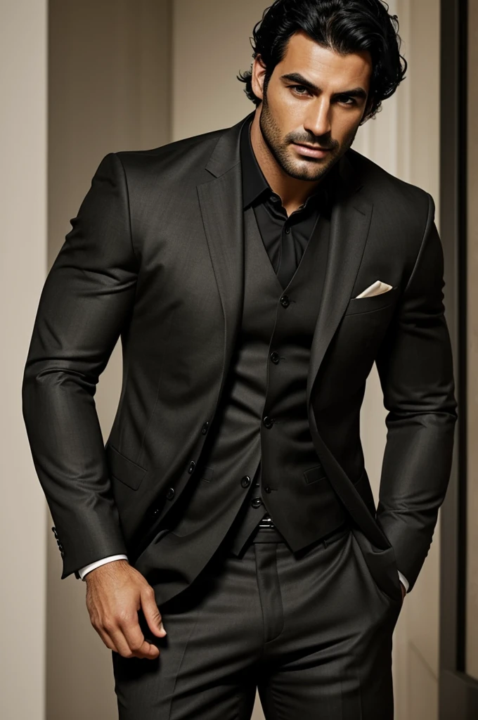 I need you to create an image of a man Thick black hair. olive skin. A slightly crooked nose that highlighted, instead of subtracting, his rugged masculine charm, wide shoulders, in black suit, strong, masculine jaw He was not conventionally handsome, but his presence was so powerful and convincing