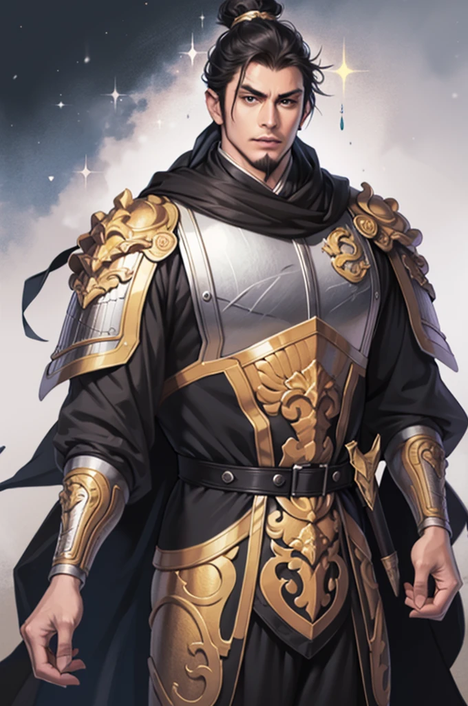8K,man with sword,ornate armor(The elaborately crafted coat of arms of a nobleman),ultra high resolution,surreal,realistic skin,Black hair short hair,big black eyes,clear eye description, muscular body,waist armor,delicate hands, Perfect hand shape, character art, action pose,masterpiece,Realistic RAW photos of the highest quality,bright colors,rich colors, backlight, movie lights, film grain,50mm lens