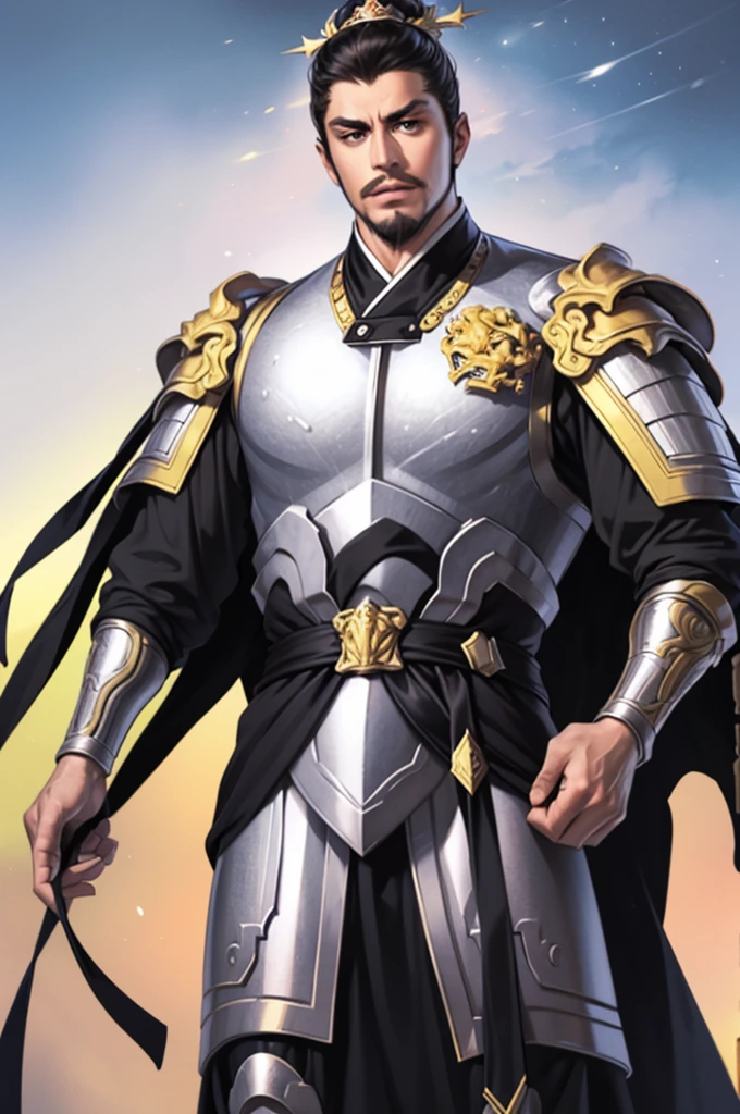 8K,man with sword,ornate armor(The elaborately crafted coat of arms of a nobleman),ultra high resolution,surreal,realistic skin,Black hair short hair,big black eyes,clear eye description, muscular body,waist armor,delicate hands, Perfect hand shape, character art, action pose,masterpiece,Realistic RAW photos of the highest quality,bright colors,rich colors, backlight, movie lights, film grain,50mm lens