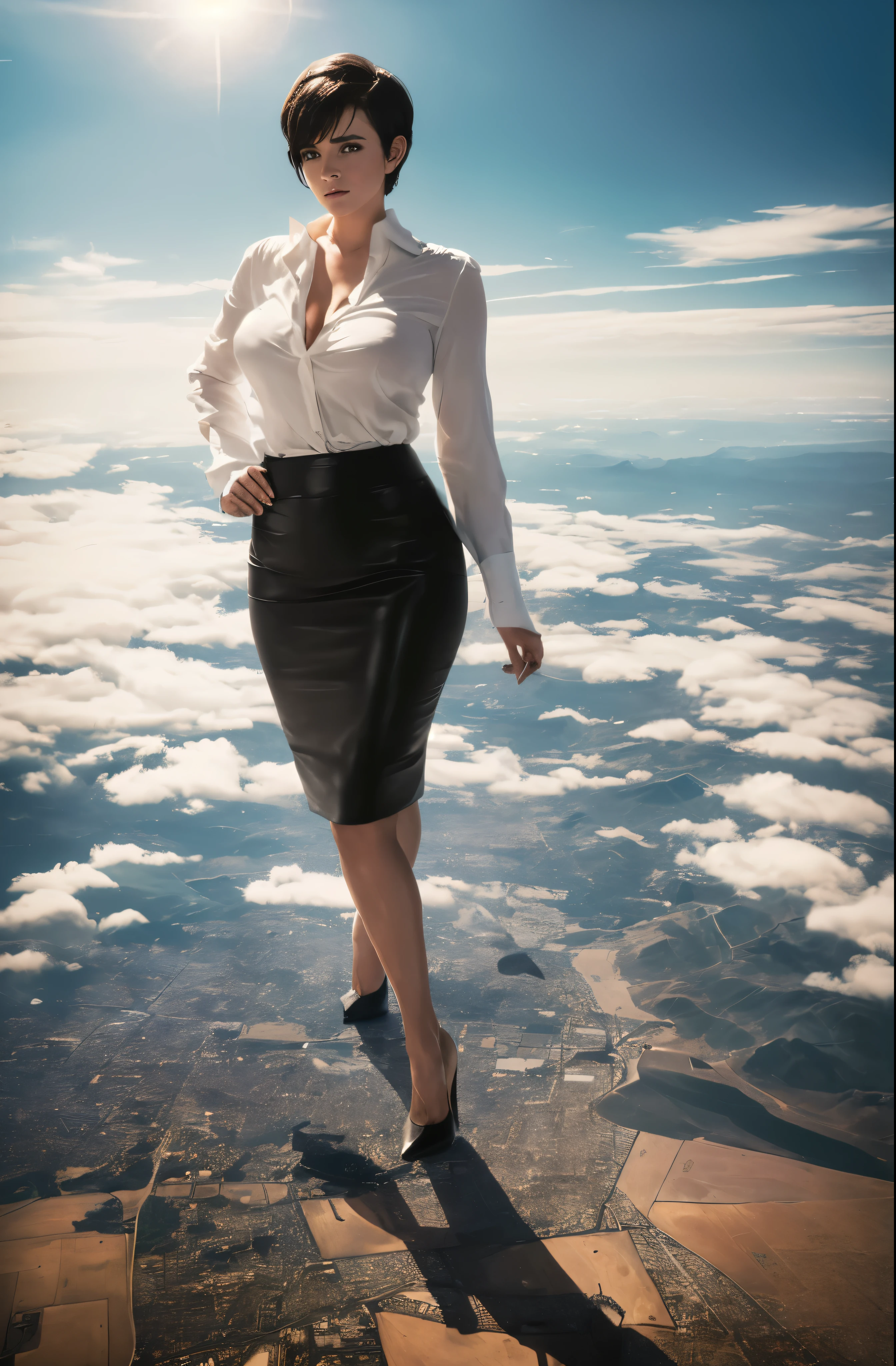 Emma Watson, (masterpiece, best quality, best shadows, best shading, perfect hands, perfect face, cinematic lighting, colorful, ultra-detailed, beautiful photography, character focus, extremely-detailed, photorealistic, hyper photorealism, atmospheric), (rural destruction:1.2), (giantess, stereotypical office worker), (dirty, filthy, unwashed, sweaty, unkempt, angry, tired, exhausted, annoyed), (walking, mid stride, stepping down on, stomping, crush, rampage), (black matte leather Louboutin pointed toe pumps:1.2, high heels, stiletto heels), ((revealing crisp white blouse, short black pencil skirt)), (short brunette pixie hair), (high altitude photography, satellite view), (curvy, exposed cleavage, heaving bosom, legs), (urban sprawl, farmland and small towns, destruction, buildings, roads), (cloudy, overcast, clouds and atmosphere partly obscuring the subject, hazy atmosphere, haze in foreground, wispy clouds)