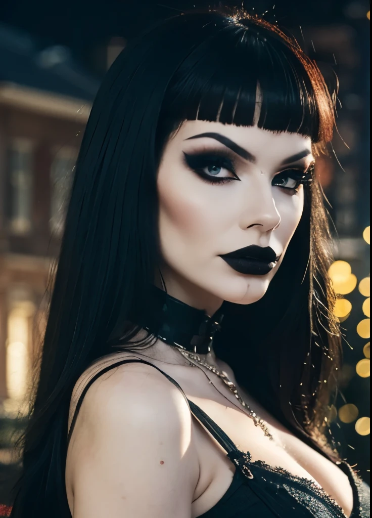 (masterpiece,detailed,highres:1.4) , model shot, close up, detailed face, fine detailed eyes, The most beautiful gothic girl in the world, ((long black hair with fringe, goth makeup)), ((hot Body)), form fitting clothing, pantyhose, ((dark cemitery background, night, under The moonlight)), gothic theme, gothic clothing, natural lighting. UHD, accurate, textured skin, super detail, high details, high quality, highres, 1080P, 4K