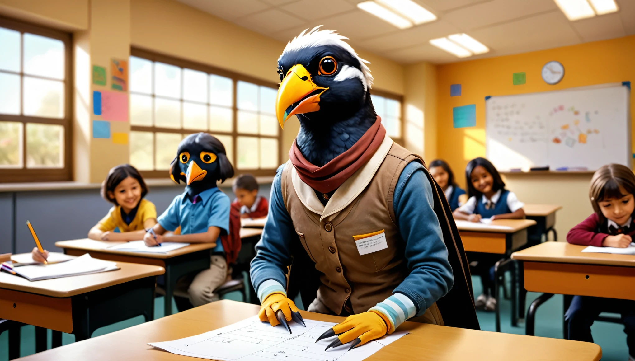 (photo film style), anthropomorphic, cute mynah bird, colorful , school classroom, getting advice from teacher, (((studying))), 2D, colorful, warm atmosphere, shiny, Jean-Baptiste Monge style, Alan Lee style