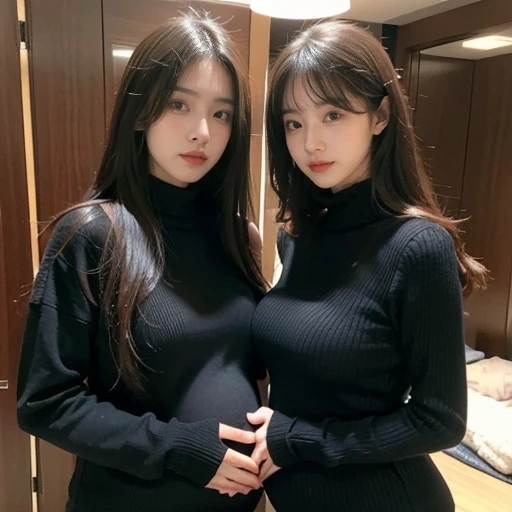 2 women,Mom and mother-in-law,35 years old,人妻 怀pregnant woman,pregnant,pregnant,怀着双胞胎的pregnant with twins,10 months pregnant,Pretty Face,Sexy body,Long hair,Wearing a black turtleneck sweater