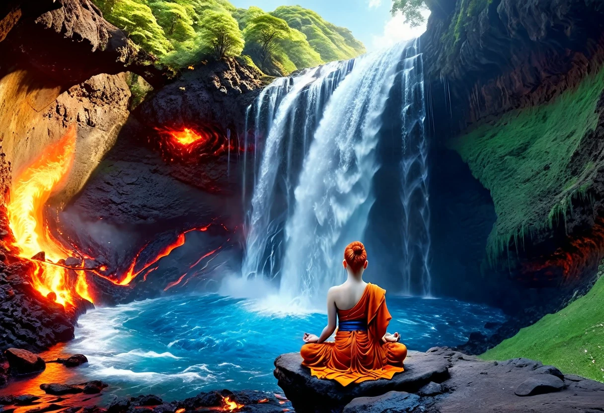 a picture of a (female monk: 1.2) sitting and meditating near a waterfall, at the base of the waterfall,  there is a human woman monk wearing monk garbs, meditating near a bonfire near an (epic sized waterfall: 1.3), red hair, long hair, full body (best details, Masterpiece, best quality :1.5), ultra detailed face (best details, Masterpiece, best quality :1.5), ultra feminine (best details, Masterpiece, best quality :1.5), exquisite beautiful (best details, Masterpiece, best quality :1.5) red hair, long hair, wavy hair, pale skin, blue eyes, intense eyes, water coming down from a volcanic cliff, multi level water falls, several pools created in different levels, forming new waterfalls, water cascading into a (large lava pool: 1.3) steam rising, clear water in many hues of blue and azure, fantasy art, photorealistic, D&D art, ultra best realistic, best details, best quality, 16k, [ultra detailed], masterpiece, best quality, (extremely detailed), ultra wide shot, photorealism, depth of field, hyper realistic painting, faize, perfecteyes