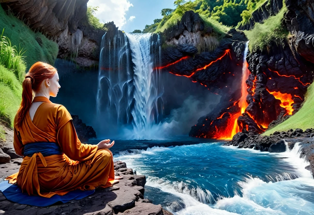 a picture of a (female monk: 1.2) sitting and meditating near a waterfall, at the base of the waterfall,  there is a human woman monk wearing monk garbs, meditating near a bonfire near an (epic sized waterfall: 1.3), red hair, long hair, full body (best details, Masterpiece, best quality :1.5), ultra detailed face (best details, Masterpiece, best quality :1.5), ultra feminine (best details, Masterpiece, best quality :1.5), exquisite beautiful (best details, Masterpiece, best quality :1.5) red hair, long hair, wavy hair, pale skin, blue eyes, intense eyes, water coming down from a volcanic cliff, multi level water falls, several pools created in different levels, forming new waterfalls, water cascading into a (large lava pool: 1.3) steam rising, clear water in many hues of blue and azure, fantasy art, photorealistic, D&D art, ultra best realistic, best details, best quality, 16k, [ultra detailed], masterpiece, best quality, (extremely detailed), ultra wide shot, photorealism, depth of field, hyper realistic painting, faize, perfecteyes