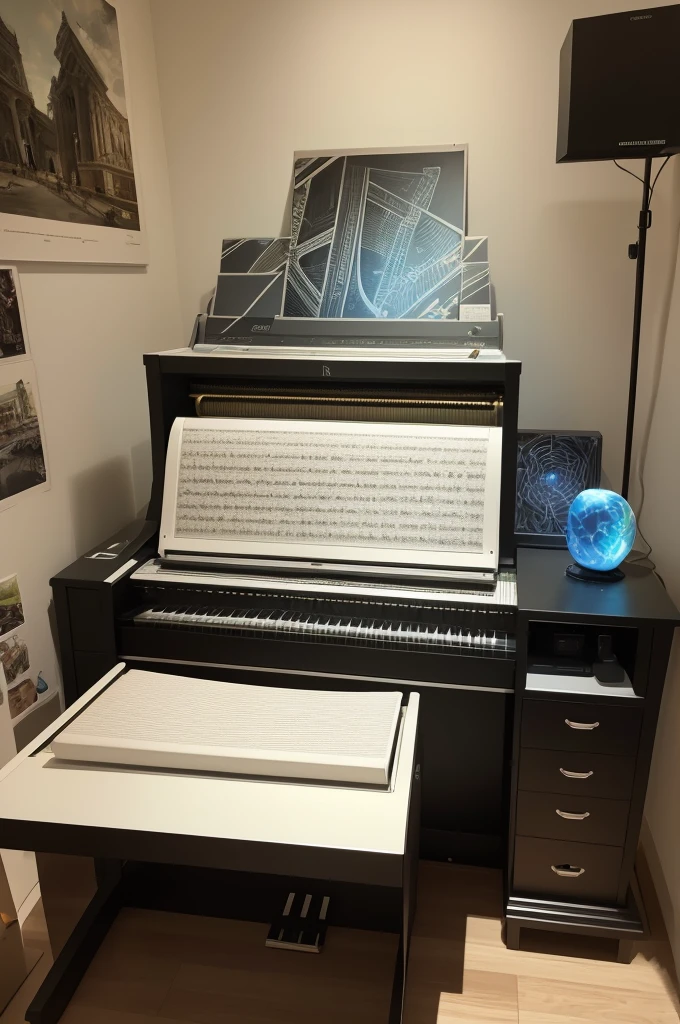 A large computer and inside it in the center will be written DNA 2024 and a representation of a DNA in drawing,around the writing will be elvis,a photo piano,a falling f22,obtained from Paris and Brazil,ecological bracelet