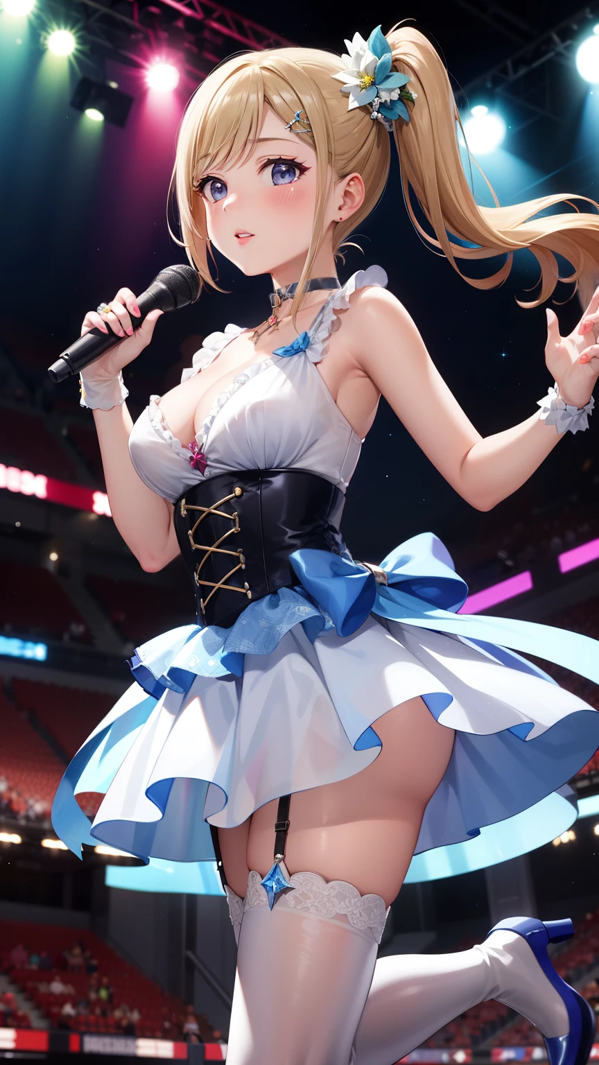 masterpiece, best quality, highly detailed, ultra high res, ayase arisa, kitagawa marin, 1girl, solo, hair ornament, flower in hair, blonde hair, side ponytail, glossy lips, full lips, sleeveless idol dress, very puffy skirt, flared skirt, pink thigh highs, white heeled boots, crowd, audience, (see-through skirt:1.2), cleavage, choker