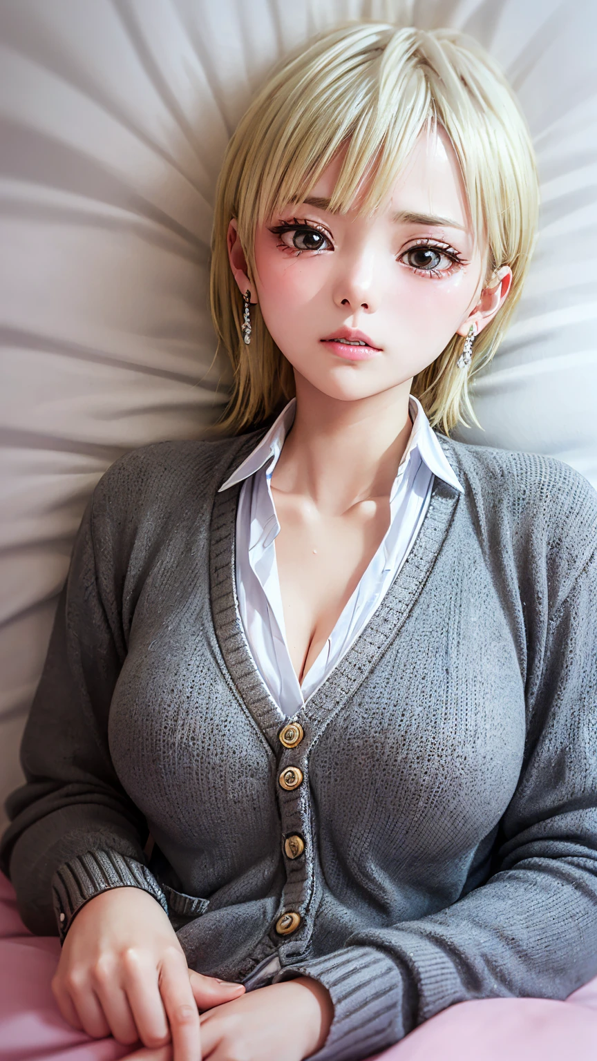 (masterpiece: 1.3), (Maximum resolution: 1.2), (Ultra HD TV: 1.2), Cinematic Light, 8K resolution, Detailed facial features , (Sharp focus: 1.2), (Shoot the whole body with a focus on the face),Perfect Style, Beautiful Face, Acura, Anatomically correct, Highly detailed face and skin quality感, Beautiful Eyes,ThroughkBright Eyes, Natural Cheeks, Glowing Skin, (Glossy Lips: 1.4),、 (A shameful expression: 1.2),Highly detailed face and skin quality, Natural Cheeks, , Glossy Lips,Exposed cleavage、(White mucus on chest:1.6)(White mucus on thighs:1.6)、 blush、Humiliating、shame、Please open your knees、dissatisfaction、anger、tears、sorrow、Glaring at the camera、Spread your legs、Sparkly little earrings and necklace、Disheveled clothes、Exposed panties、stockings、Drenched in sweat、Thin underwear、Wet underwear、stockings 、Long Hair、32 years old, Clean woman,1 person、 first class cabin、On the bed(On my back, Lying down in bed, Lying down in bedいる, Lying down, White sheets:1.3)、blonde、Silver Hair、Blue-gray eyes、Green-gray eyes,(V-neck shirt and cardigan:1.4)、scarf、dissatisfaction、Masturbate、Nipple exposure、Soft Breasts、