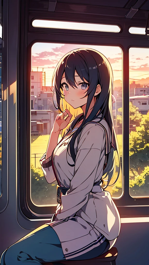 anime girl sitting on a train looking out the window, beautiful anime portrait, lofi portrait at a window, beautiful anime girl, lofi portrait, lofi girl, portrait anime girl, artwork in the style of guweiz, high quality portrait, with sunset, attractive anime girl, cute anime girl, realistic cute girl painting, anime style. 8k
