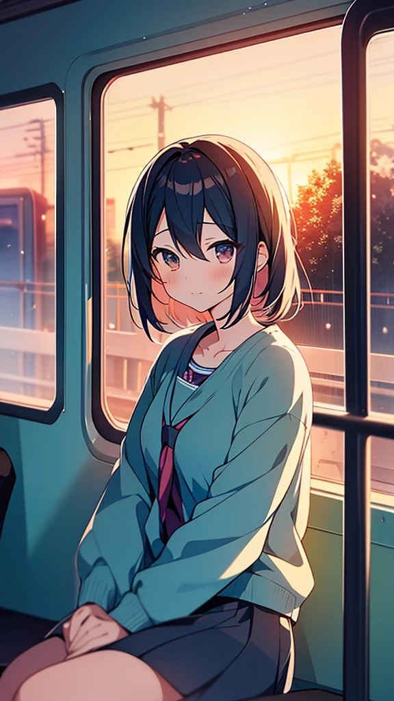 anime girl sitting on a train looking out the window, beautiful anime portrait, lofi portrait at a window, beautiful anime girl, lofi portrait, lofi girl, portrait anime girl, artwork in the style of guweiz, high quality portrait, with sunset, attractive anime girl, cute anime girl, realistic cute girl painting, anime style. 8k