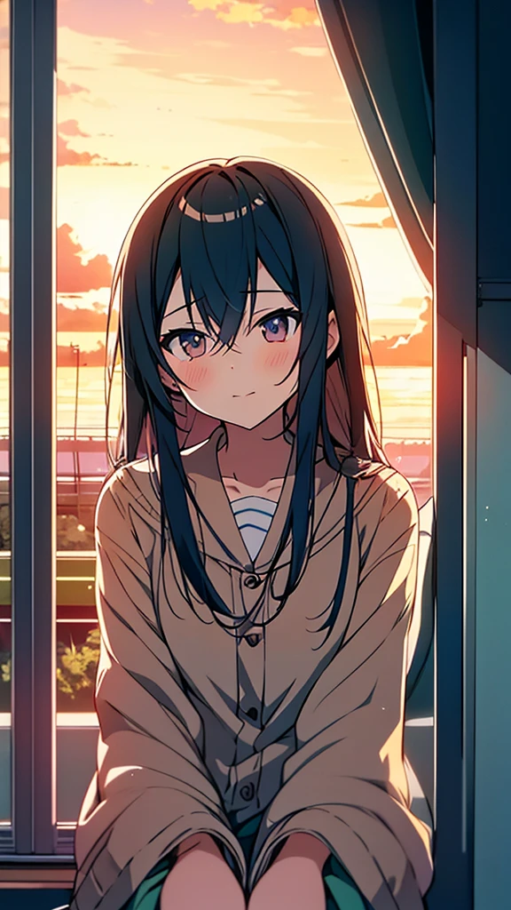 anime girl sitting on a train looking out the window, beautiful anime portrait, lofi portrait at a window, beautiful anime girl, lofi portrait, lofi girl, portrait anime girl, artwork in the style of guweiz, high quality portrait, with sunset, attractive anime girl, cute anime girl, realistic cute girl painting, anime style. 8k