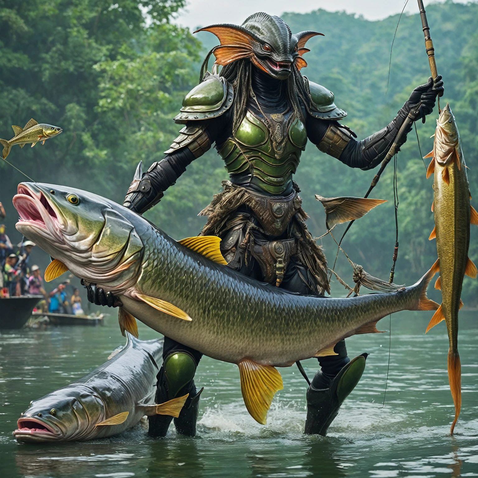 Yautja alien with half armour holding proudly a giant catfish at a fishing competition.