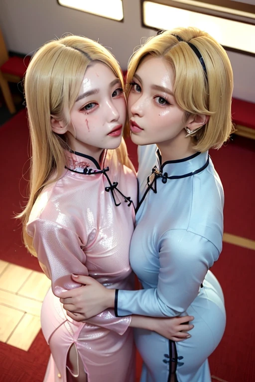 ((blank background)),(((Two girls in cheongsam))),(One is a 22-year-old Korean KPOP idol,blonde short hair.),(One is an 18-year-old Japanese long-haired gravure idol,plump figure.),(Face stained:1.3),Back hug,cheeks and cheeks,((They all look at the audience.)),small ,open your mouth,Narrow your eyes,kiss,from above,(((Their eyes are full of provocation))),The two are lovers,Beautiful eyes reflect light,Hair reflects light and sparkles,photo shoot