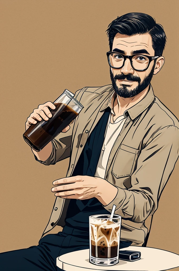 Man with spectacle drinking ice coffee in norikate sketch style