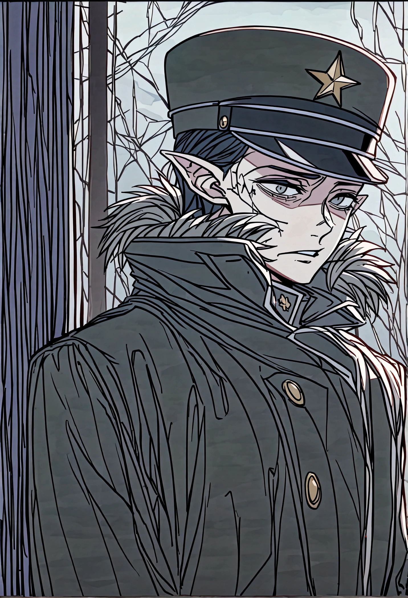 ---
**Image Description:**
The central character must be a young man, looking 17-20 years old, with a depressed and gloomy appearance. He wears a Russian ushanka military hat, which is easily identifiable by its shape and the ears folded down, lined with fur. The hat must have the traditional red star with the hammer and sickle in the center.
The character's face is pale and emaciated, with deep dark circles that indicate sleepless nights. Your eyes are big, but empty and dark, as if they were looking into space, conveying a sense of despair and melancholy. O cabelo, visible only in the parts that the hat does not cover, It's dark and shaggy.
He wears a thick winter coat, typical of Russian military uniform, with high collar and large buttons. The coat feels heavy and bulky, as if protecting him from the intense cold, but it also feels like a burden, increasing the feeling of oppression.
The facial expression must be one of resignation and deep sadness, with lips slightly parted, showing slightly crooked or worn teeth. The skin should have a slightly rough texture, with some fine lines of expression that highlight your emotional anguish.
The atmosphere around him must be dark and claustrophobic, with intense shadows and a feeling of oppression. Additional Detail, like dark clouds or fog in the background, can help accentuate the gloomy environment.
The art must follow Junji Ito's style, especially similar to the character Souichi, with detailed features and an atmosphere of psychological horror, where the texture of the drawing and facial expressions are crucial to convey the feeling of terror and desolation.