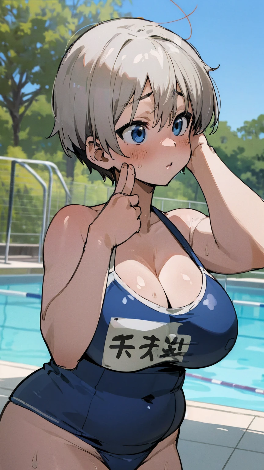 masterpiece, best quality, ultra-detailed, Potrait of beautiful , (chubby) (muscular), (plump), (sexly), (cleavage), ((tomboy)), (アニメ), (Breasts), (Plump), ((very short hair)), ((Uzaki Hana)), (overweight), (Gray Hair), ((Saggy breasts)), (blue eyes), (Short Hair), (blue eyes), ((thick)), (Smelly body), (Sweaty body), (arms up), (side), (Poolside), (両方のsideが見える), ((恥ずかしくてLook Away)), (school swimsuits), (School Swimsuit), (Look Away), (cleavage)