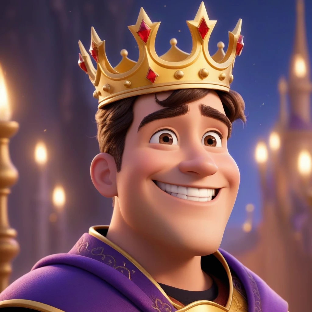 The character is a king, вдохновленный Disney Pixar, He wears a crown, smiling, side view