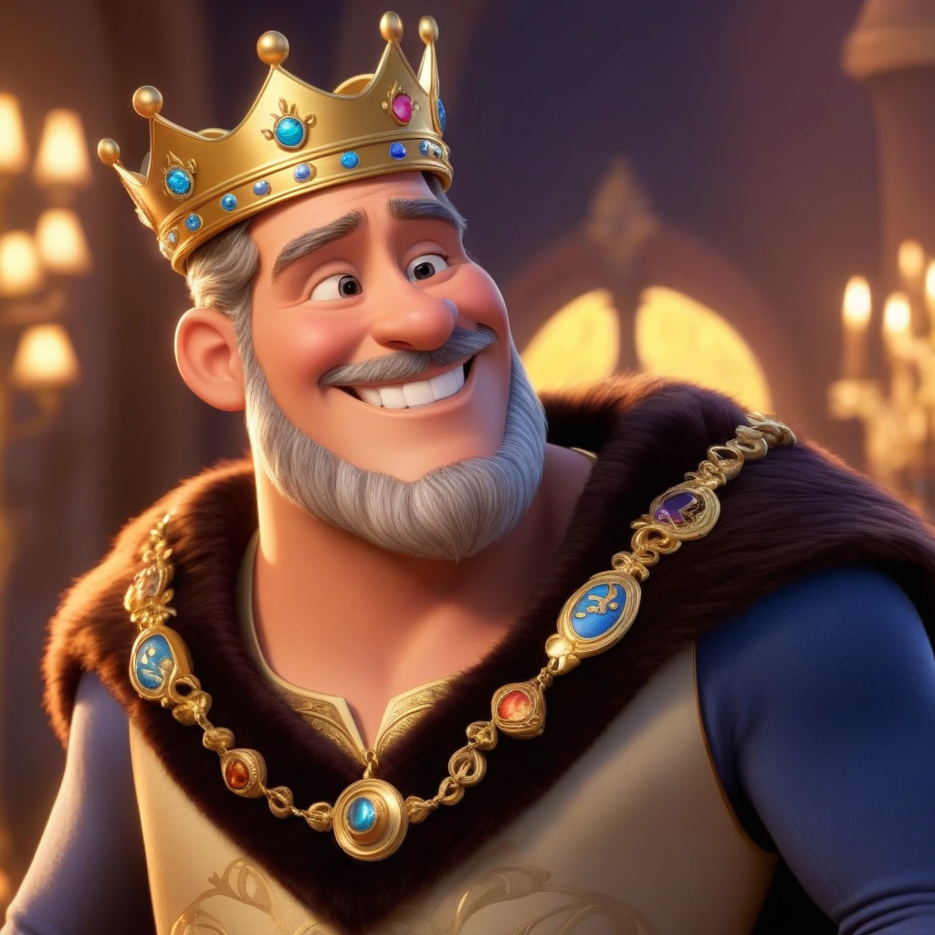 The character is a king, вдохновленный Disney Pixar, He wears a crown, smiling, side view