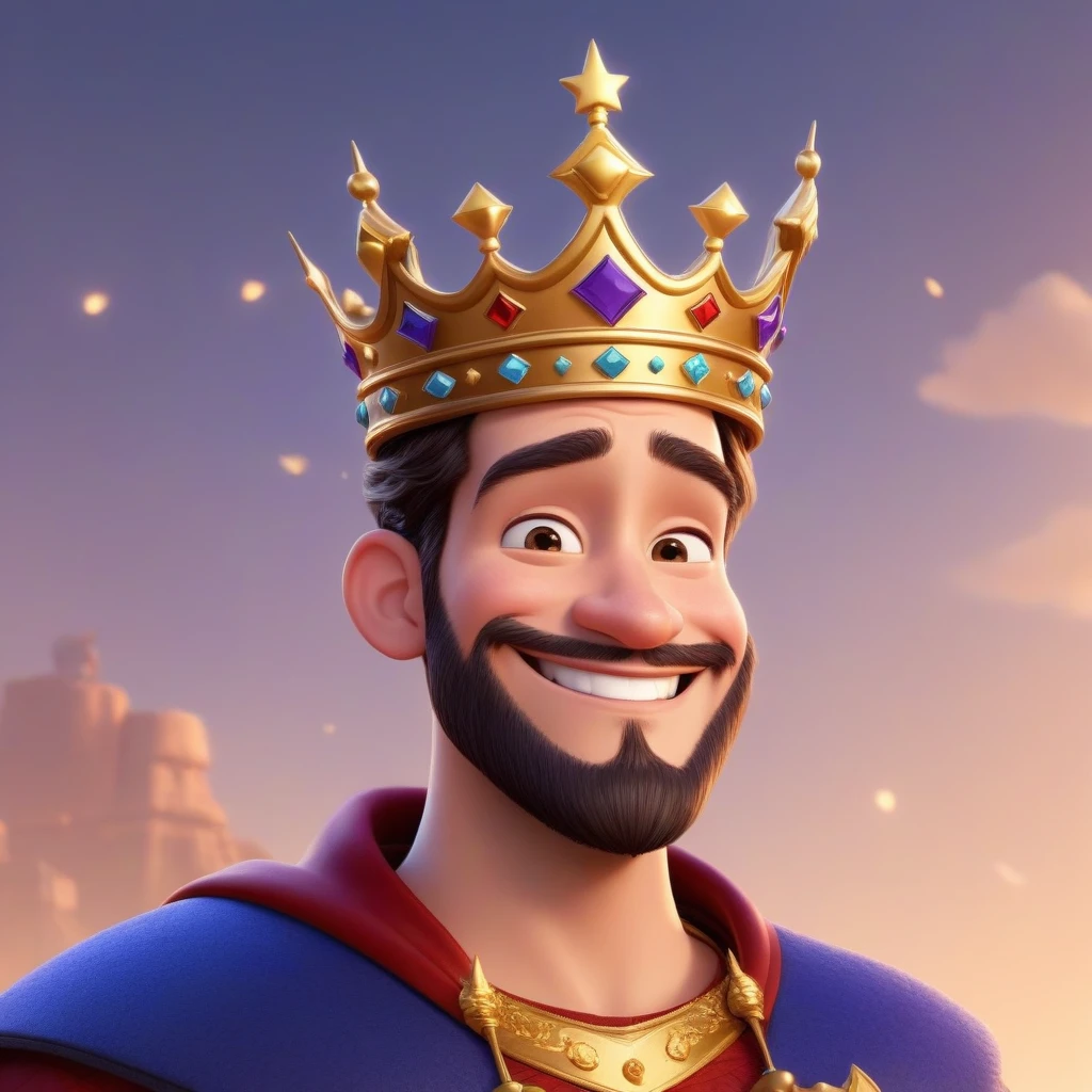 The character is a king, вдохновленный Disney Pixar, He wears a crown, smiling, side view