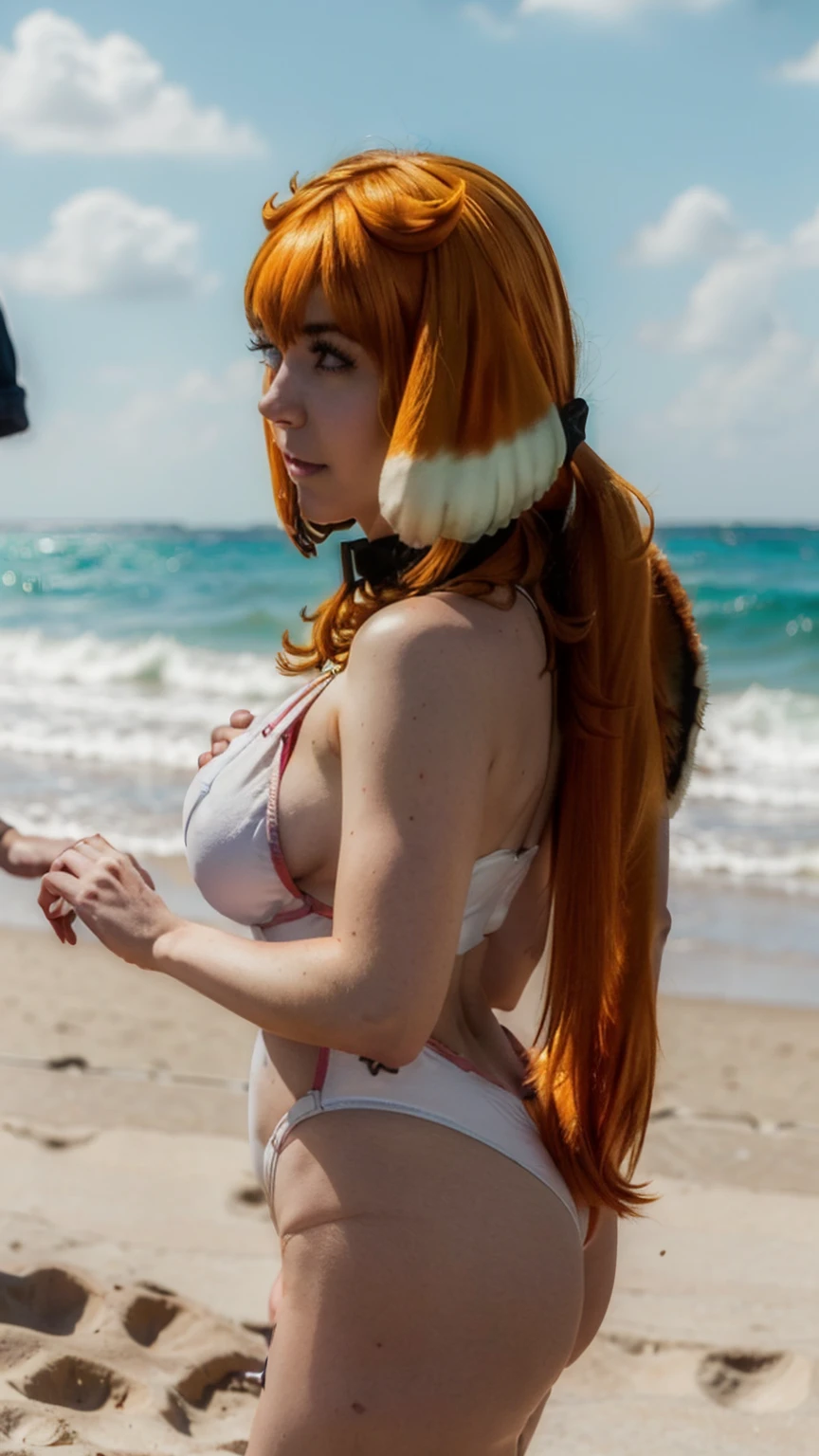 masterpiece, Best quality, (epiCRealLIfe), (photorealistic1.4) (young woman), (hazelmoore dog tail), (hazelmoore in full white swimsuit), (European Model), (wink), (tongue out), (pikkyroxanne hairstyle), (Char_shlow-Roxanne tail), (pikkyroxanne white swimsuit), looking at viewer, orange hair, blonde hair, hair between eyes, bangs, brown eyes, breasts, animal ears, collar, , , (roxanne tail), (roxanne dog tail), dog ears, cleavage, floppy ears, black collar, dog girl, (on the beach), (daylight), (daytime), (natural lights), (white one piece swimsuit), (look at viewer), (tongue), (from front),(haremroxanne-nvwls-v1-000009 dog tail),, (face front), (pikkyroxanne orange long dog tail)