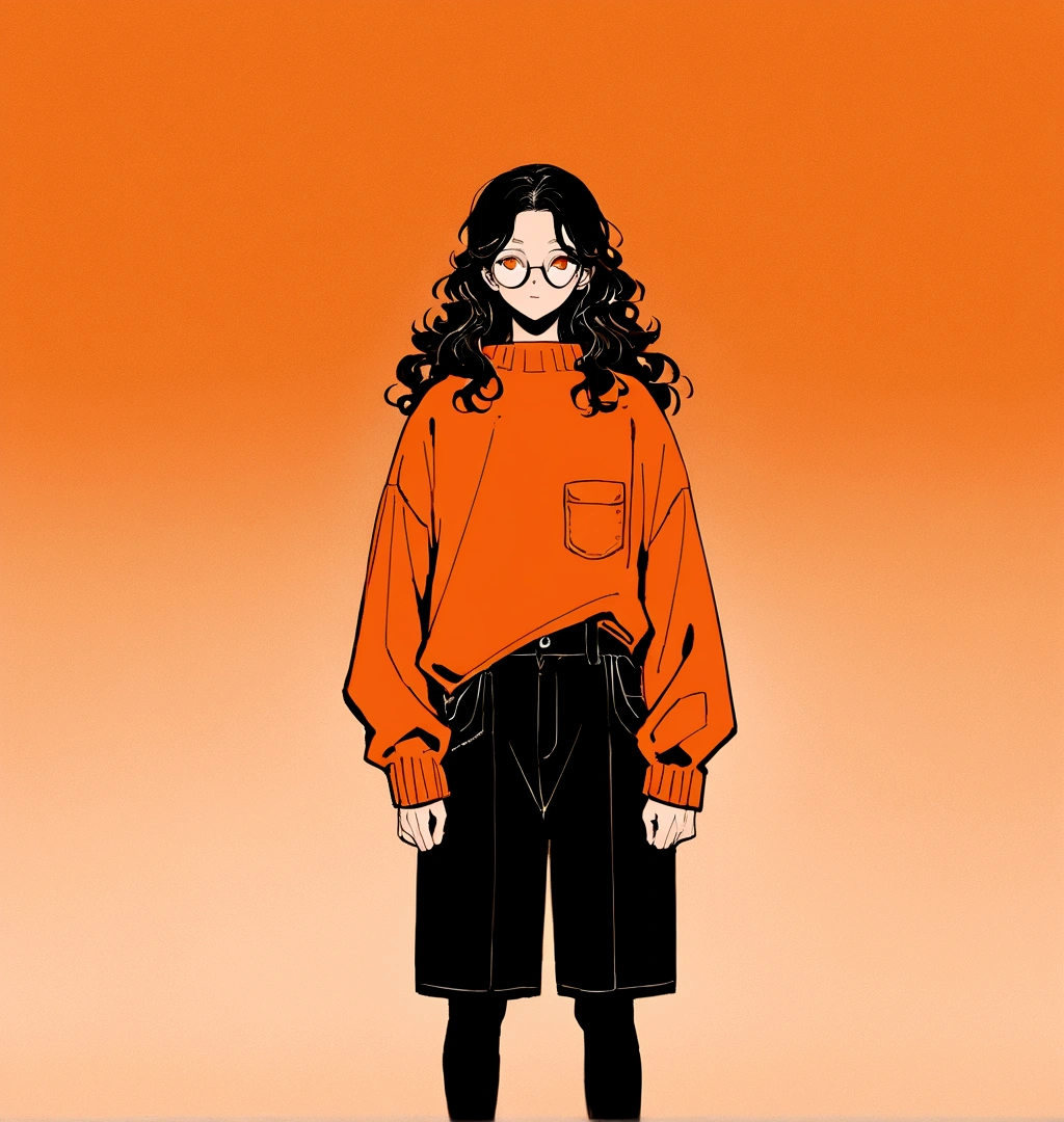 A minimalist illustration of a solo teenage boy standing against an orange background. The boy has light, wavy hair and is wearing round glasses. He is dressed in an oversized orange sweater with black accents, paired with black shorts. The overall style should be modern and clean, with a focus on the contrasting colors of orange and black. The boy stands casually with his hand in his pocket, conveying a cool and laid-back vibe."