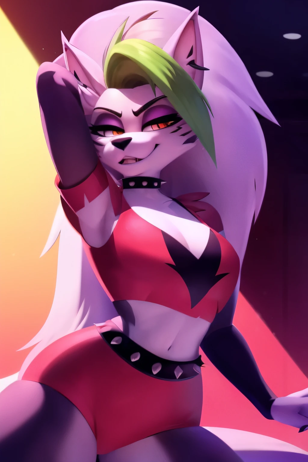 a highly detailed, photorealistic, 8k illustration of a furry female character with body fur, wearing sexy clothes, makeup, and perfect proportions, fused with the characters Roxanne, Loona, and queen, masterpiece, ultra-detailed, vivid colors, physically-based rendering, sharp focus, studio lighting, professional