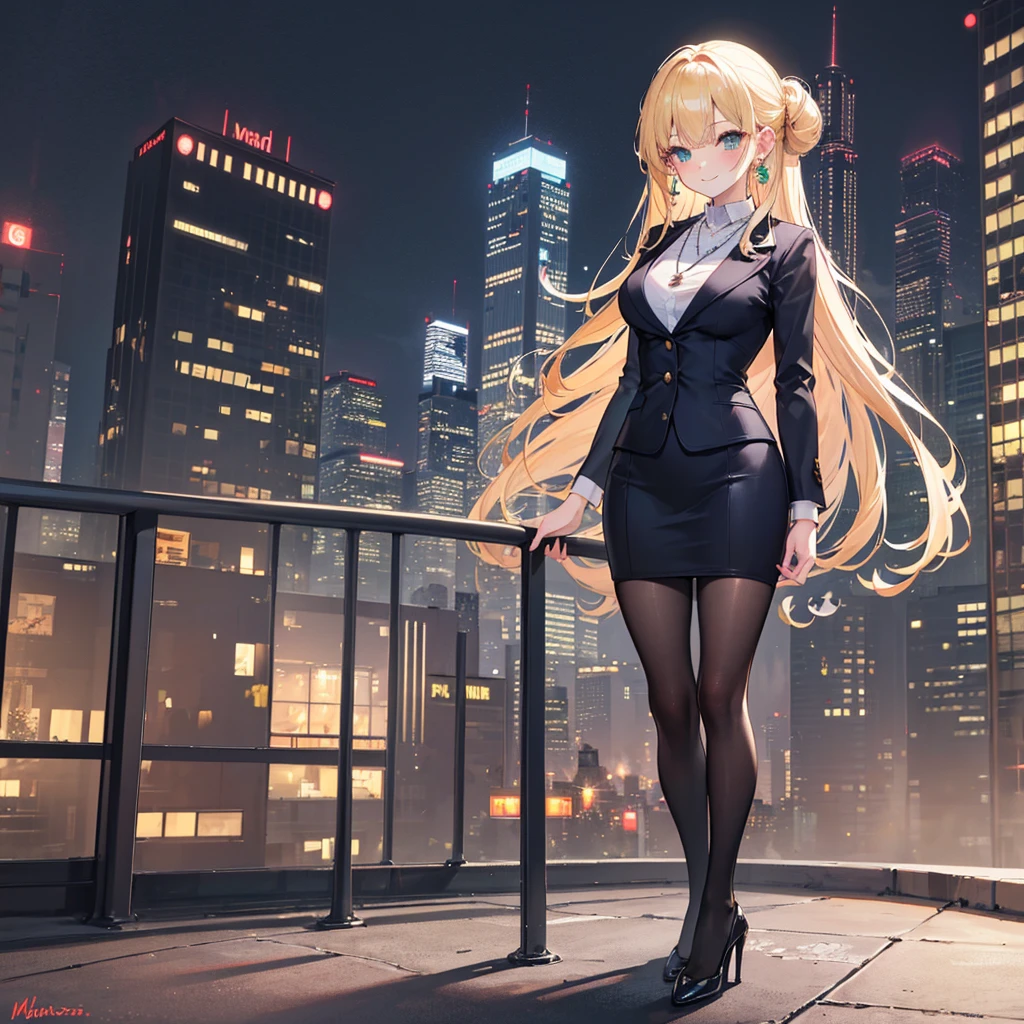 ((({best quality}, {{masterpiece}}, {highres}, original, extremely detailed 8K wallpaper, 1girl, {an extremely delicate and beautiful},))),((cityscape)),solo,1girl, {an extremely delicate and beautiful},long_hair,blonde_hair,half updo,green_eyes,smile,((standing))sweet smile,((beautiful detailed eyes)),office lady suit,sheath dress,pantyhose,high heels,ribbon,earrings,necklace,