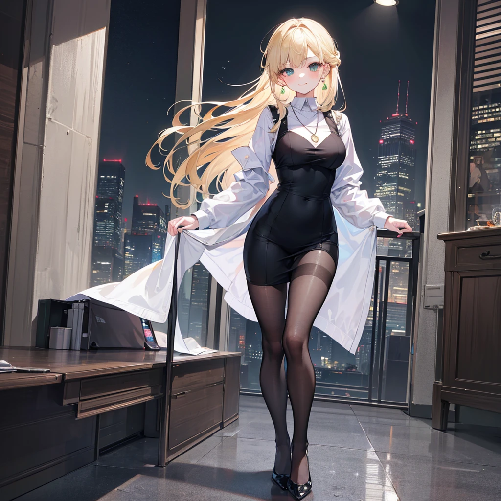 ((({best quality}, {{masterpiece}}, {highres}, original, extremely detailed 8K wallpaper, 1girl, {an extremely delicate and beautiful},))),((cityscape)),solo,1girl, {an extremely delicate and beautiful},long_hair,blonde_hair,half updo,green_eyes,smile,((standing))sweet smile,((beautiful detailed eyes)),office lady suit,sheath dress,pantyhose,high heels,ribbon,earrings,necklace,
