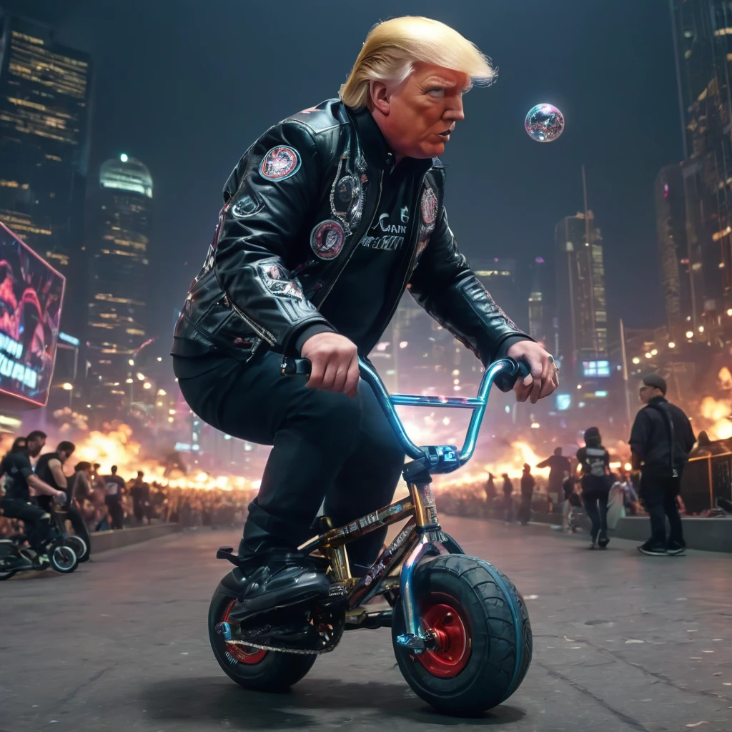 biomechanical cyberpunk Donald Trump as cyborg riding mini bmx, nighttime city,  explosion, bubblegum, sheenbomb, sheen, Discoball, from front view,, . cybernetics, man-machine fusion, dystopian, organic meets artificial, tenebrosa, intricate, highy detailed