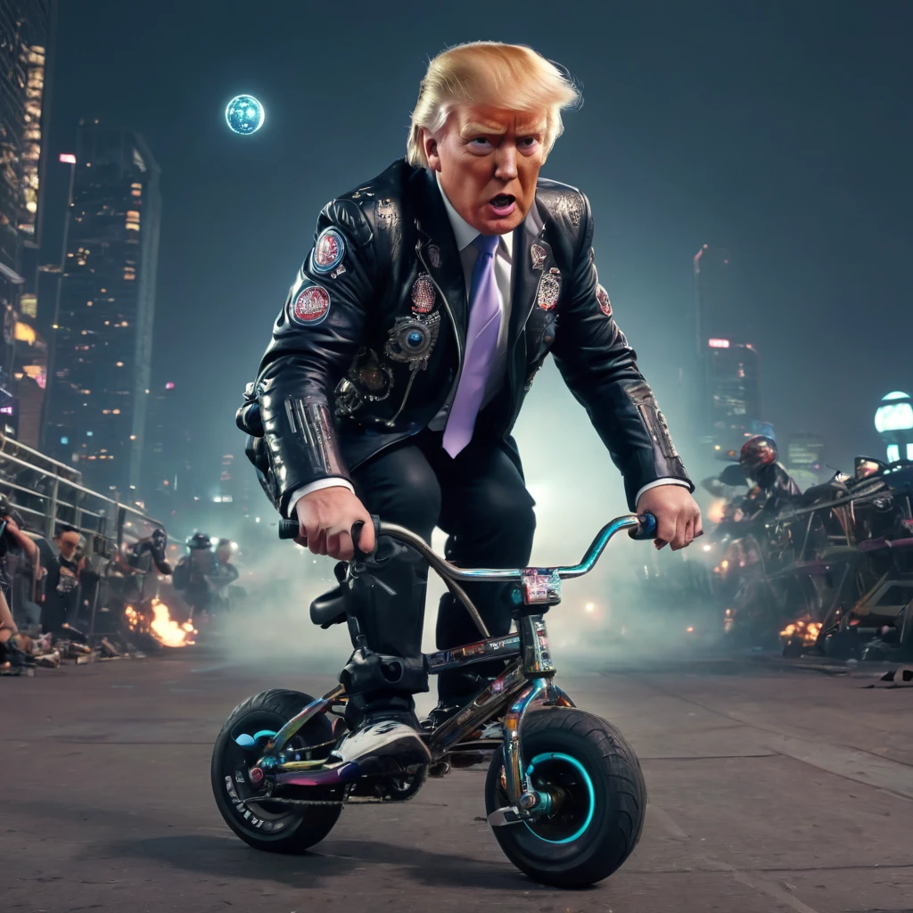 biomechanical cyberpunk Donald Trump as cyborg riding mini bmx, nighttime city,  explosion, bubblegum, sheenbomb, sheen, Discoball, from front view,, . cybernetics, man-machine fusion, dystopian, organic meets artificial, tenebrosa, intricate, highy detailed