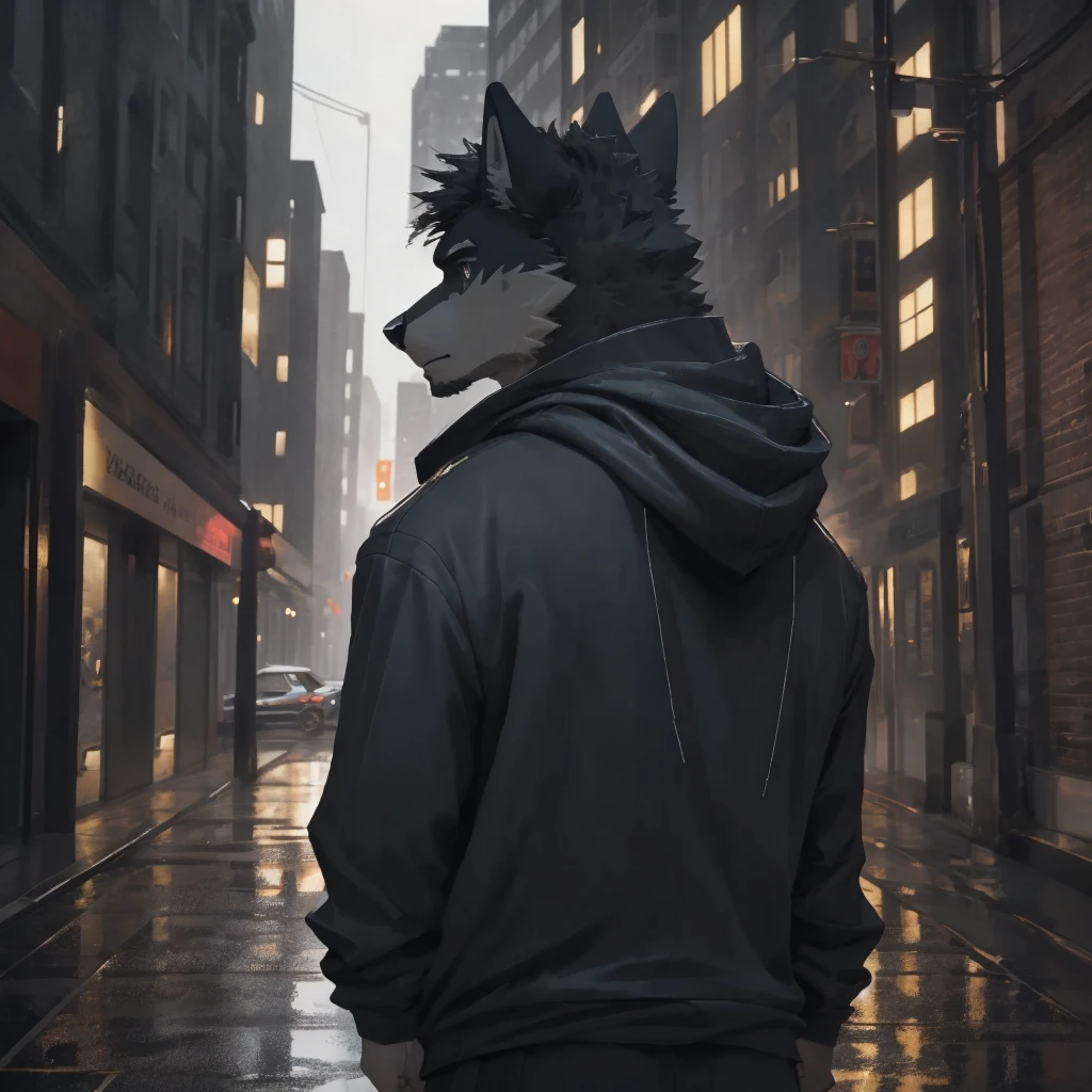 Male, males, wolf, black fur, white fur, short hair, 20 years old, hoodie, night, public, city streets, Lamborghini Aventador, rain, water drops, dramatic effect, dramatic light, shadow, shade, higlight, high quality, high details, High detailed image, high quality image, Very detailed shadows, high detail shadows, high details 