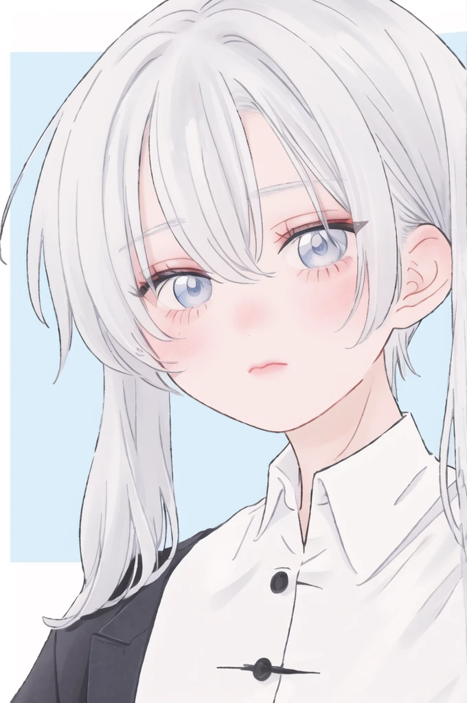 boy, silver hair, blue eyes, Sharp features, white skin, shirt, shirtแจ็กเกต