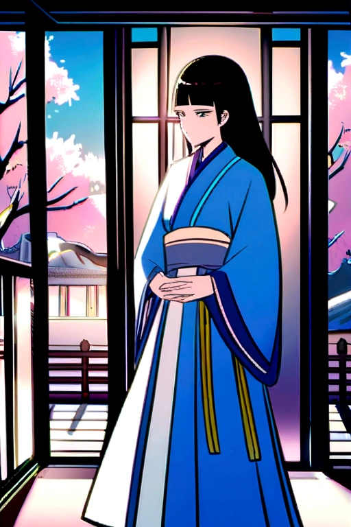 Create a serene setting in Snow Jade Court,with a blossoming cherry blossom tree and falling petals.,
Illustrate Liu Hanyan's elegant quarters,decorated in shades of blue and silver to represent their new status.,
Depict Liu Hanyan by the window,lost in thought,recalling memories of a similar tree from their past life.,