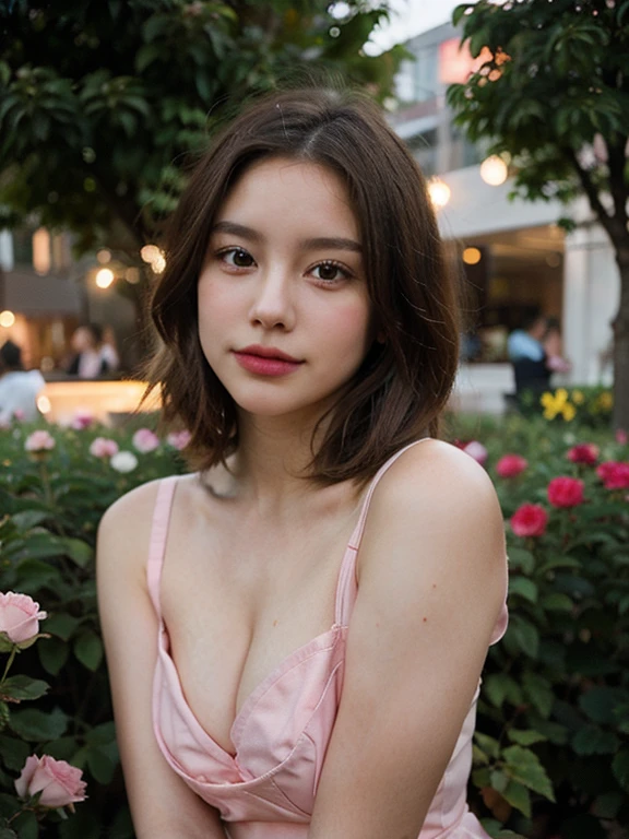 8k, RAW photo, Fujifilm, style photo of a beautiful young woman as avril in a garden of light pink roses (highly detailed skin: 1.2) Style-Petal BREAK short hair, blonde hair with colored locks, wearing a dress, film granulation, 35mm, cute style