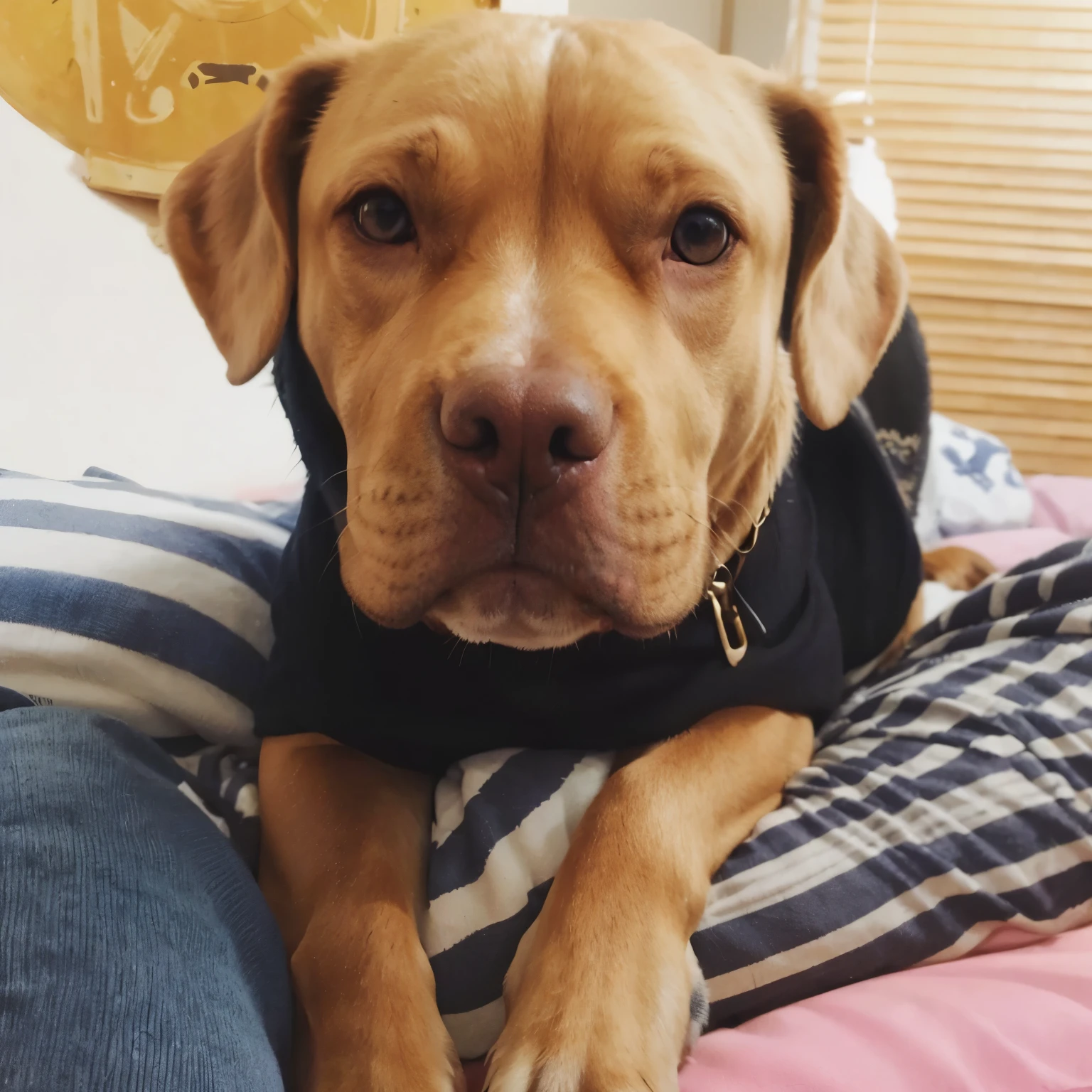 Pitbull dog with plume and aztec calendar in the background