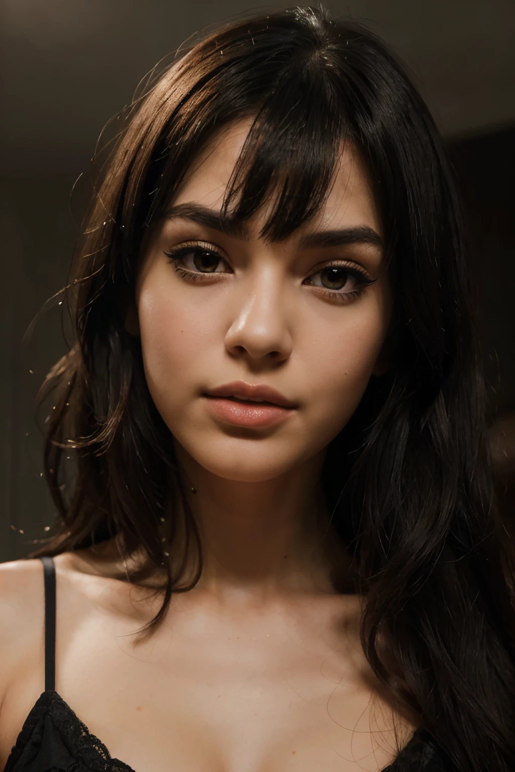 a beautiful blythe doll with slightly elongated and V-shaped face, slanted medium black eyes, eyebrows a little straight, medium, straight and black hair, light brown skin, jaw-length open bangs, intricate detailed portrait, realistic, photorealistic, photo-realistic, ultra-detailed, 8k, high quality, masterpiece, studio lighting, vivid colors, natural lighting, warm color tones, elegant, beautiful, charming